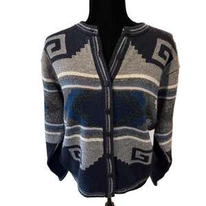 Vintage 100% Alpaca Wool Cardigan Peru Geometric Southwestern Blue